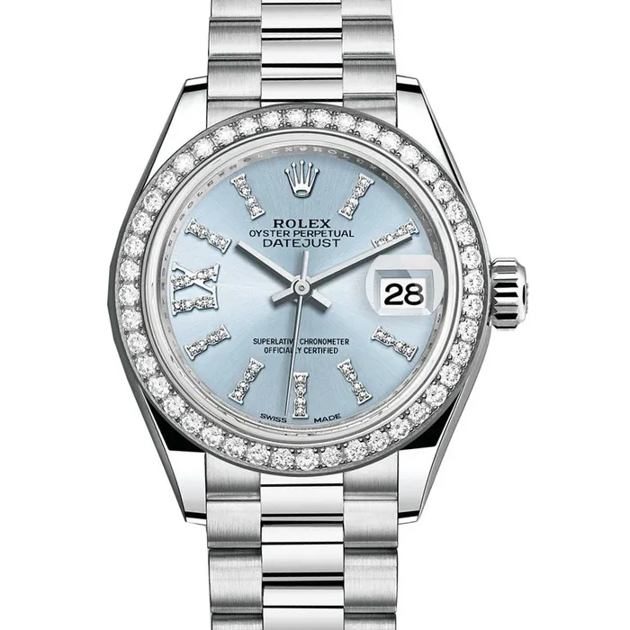 Bracelets Rolex Rolex LadyDatejust 28mm Ref 279136rbr0001 Ice Blue Diamond Dial Diamond Bezel 18K White Gold Presidential Bracelet Womens Watch