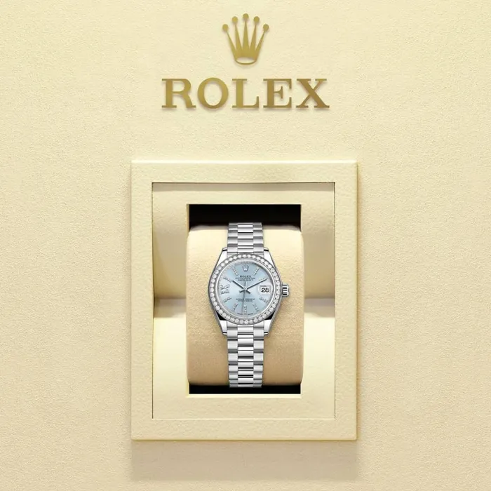 Bracelets Rolex Rolex LadyDatejust 28mm Ref 279136rbr0001 Ice Blue Diamond Dial Diamond Bezel 18K White Gold Presidential Bracelet Womens Watch
