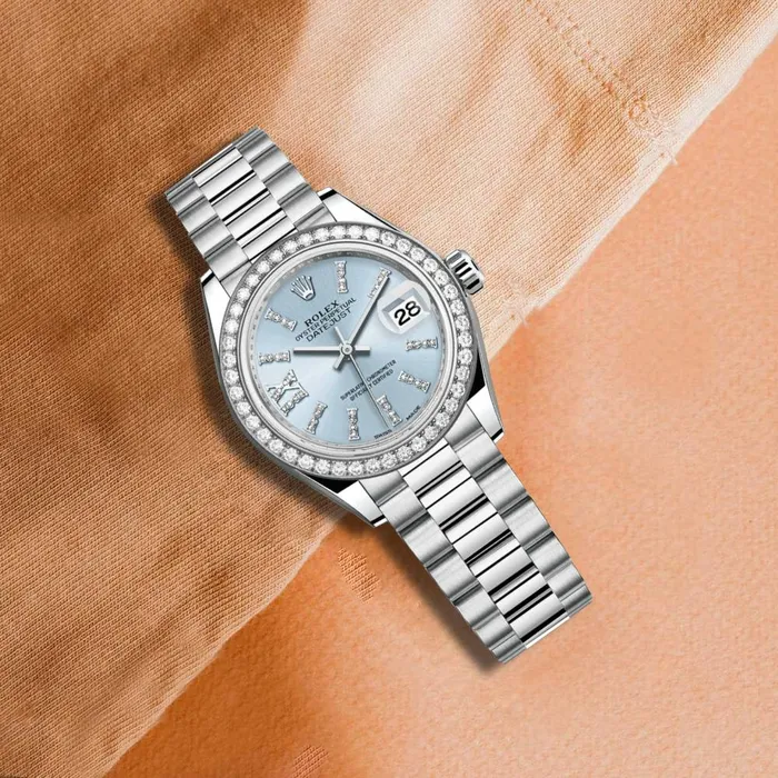 Bracelets Rolex Rolex LadyDatejust 28mm Ref 279136rbr0001 Ice Blue Diamond Dial Diamond Bezel 18K White Gold Presidential Bracelet Womens Watch