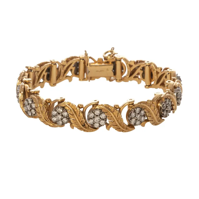 Croghans Bracelets Vintage Floral Diamond Cluster 18K Gold Leaf Bracelet