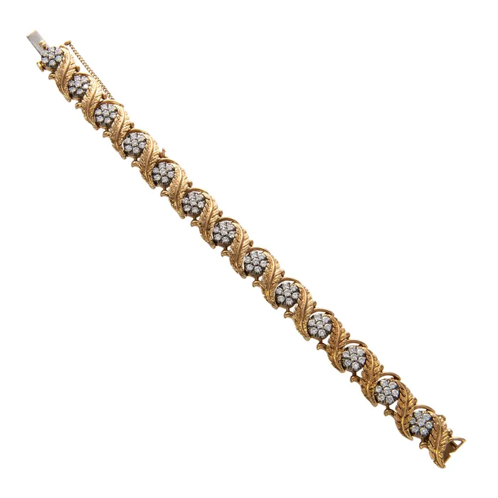 Croghans Bracelets Vintage Floral Diamond Cluster 18K Gold Leaf Bracelet