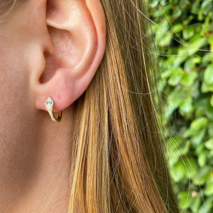 Croghans Diamond Emerald 14K Gold Snake Huggie Earrings Earrings