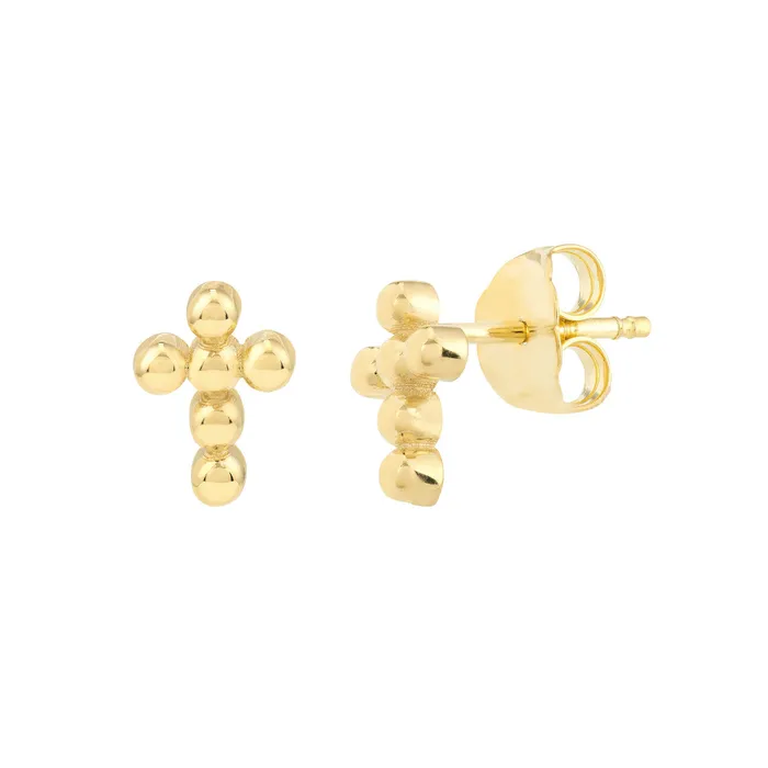 Croghans Earrings 14K Yellow Gold Beaded Mini Cross Stud Earrings