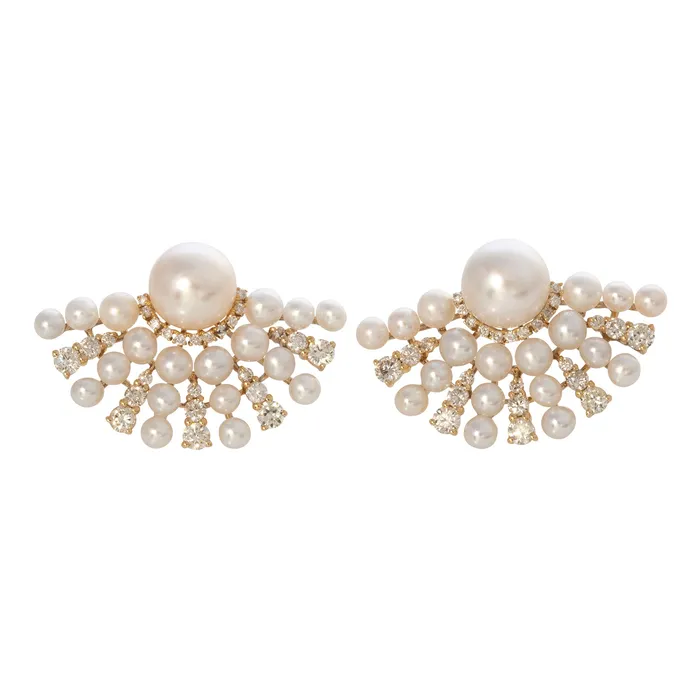 Croghans Earrings Pearl Diamond 14K Yellow Gold Fan Earrings
