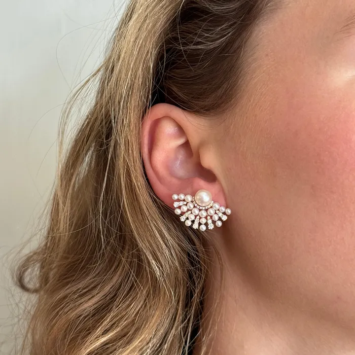 Croghans Earrings Pearl Diamond 14K Yellow Gold Fan Earrings