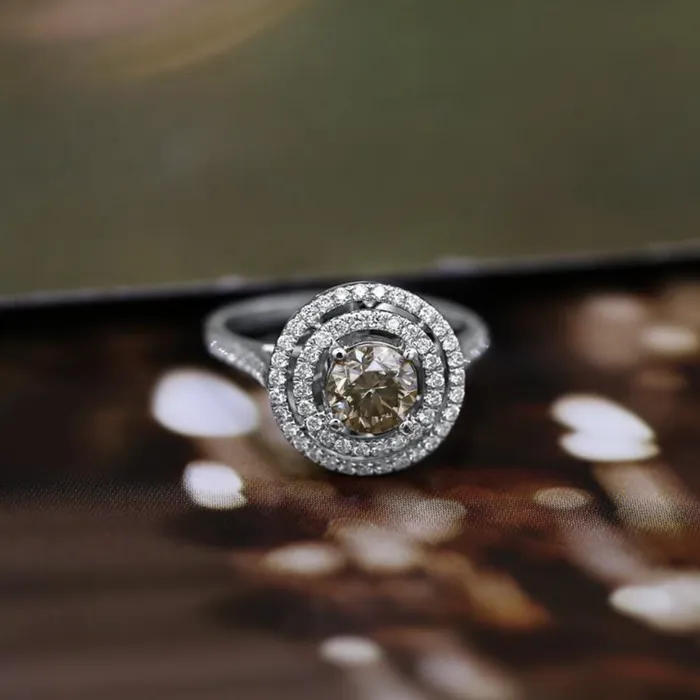 GIA Certified Double Halo Diamond Engagement Ring Set in 18K White Gold 152ct tw Fancy Light Brownish Yellow Round Brilliant Natural Diamonds Diamond Source NYC Rings
