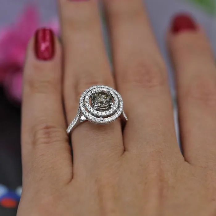 GIA Certified Double Halo Diamond Engagement Ring Set in 18K White Gold 152ct tw Fancy Light Brownish Yellow Round Brilliant Natural Diamonds Diamond Source NYC Rings