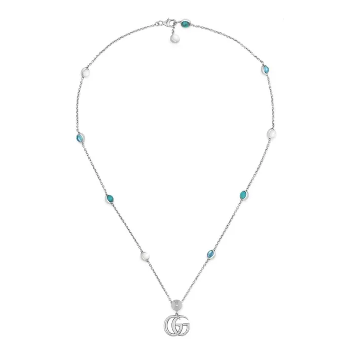 Gucci Sterling Silver Double G Pendant Necklace with MOP Blue Topaz Stones and Turquoise Colored Resin 155165 inch Gucci Necklaces Gucci Sterling Silver Double G Pendant Necklace with MOP Blue Topaz Stones and Turquoise Colored Resin 155165 inch Gucci Necklaces
