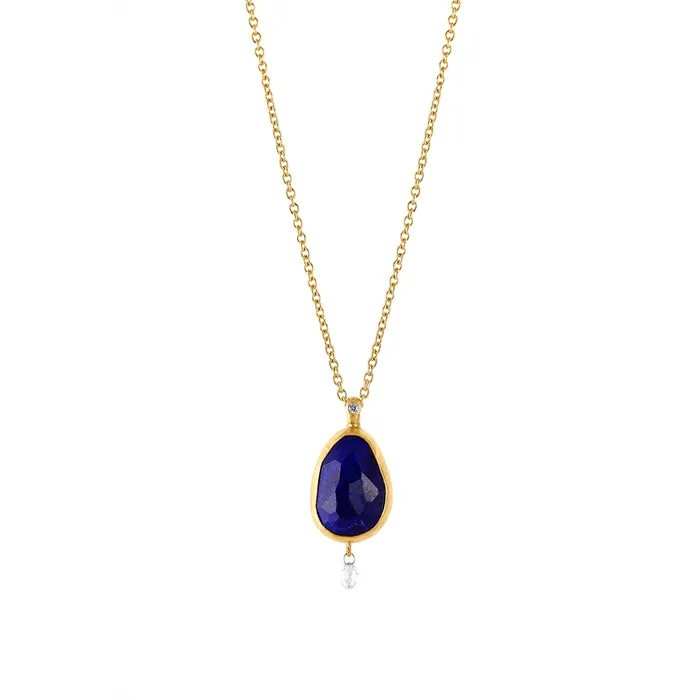 Gurhan One of a Kind 24K Yellow Gold Bezel Lapis and Diamond Dangle Pendant with 18K Bail and 22K Chain Gurhan Necklaces Gurhan One of a Kind 24K Yellow Gold Bezel Lapis and Diamond Dangle Pendant with 18K Bail and 22K Chain Gurhan Necklaces