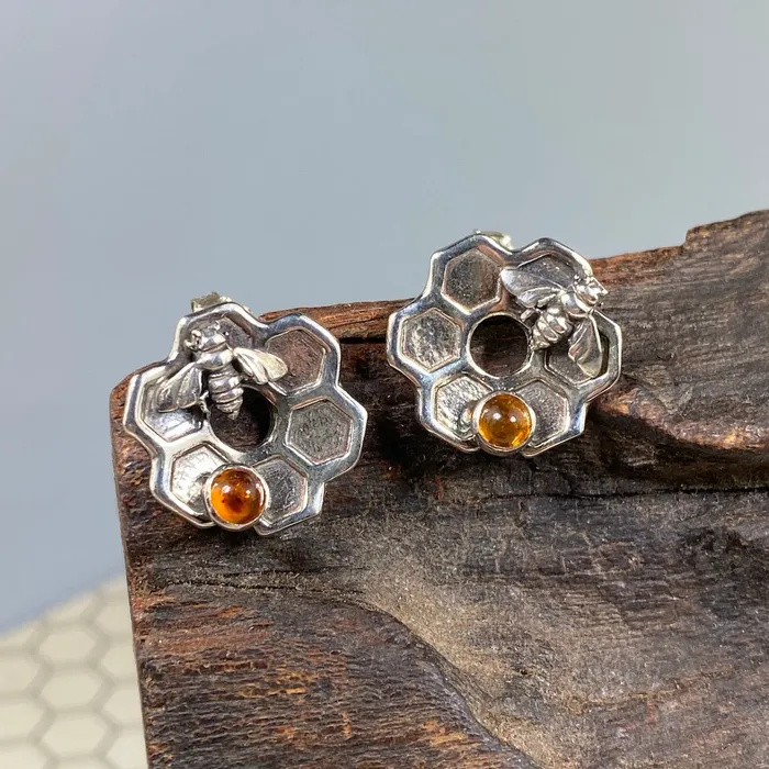 Honeycomb Flower Posts in Silver Laughing Raven Earrings