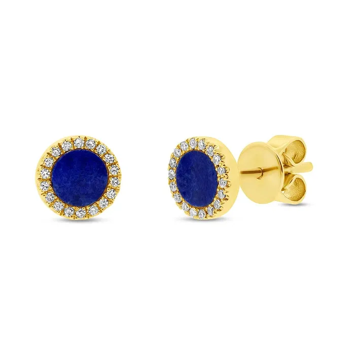 Meierotto Jewelers 14K Yellow Gold Round Stud Lapis Earrings with Diamond Halo Earrings Meierotto Jewelers 14K Yellow Gold Round Stud Lapis Earrings with Diamond Halo Earrings