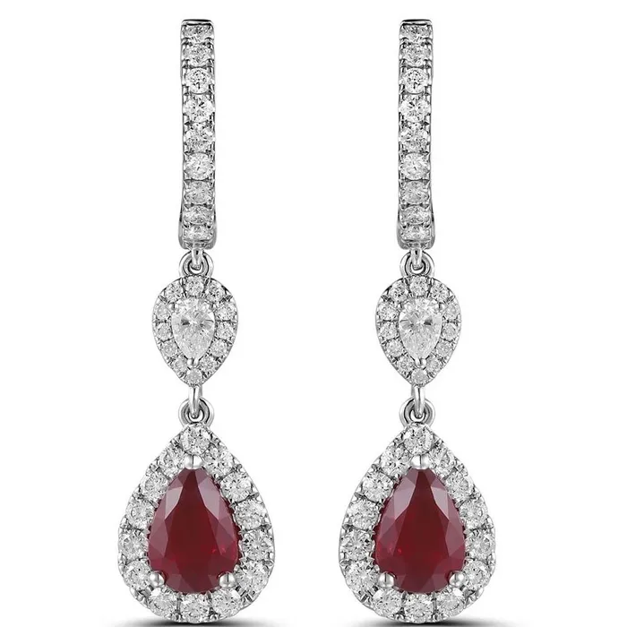 Meierotto Jewelers Earrings 18K White Gold Diamond Hoop Earring with Pear Ruby and Pear Diamond with Halo Dangle Meierotto Jewelers Earrings 18K White Gold Diamond Hoop Earring with Pear Ruby and Pear Diamond with Halo Dangle