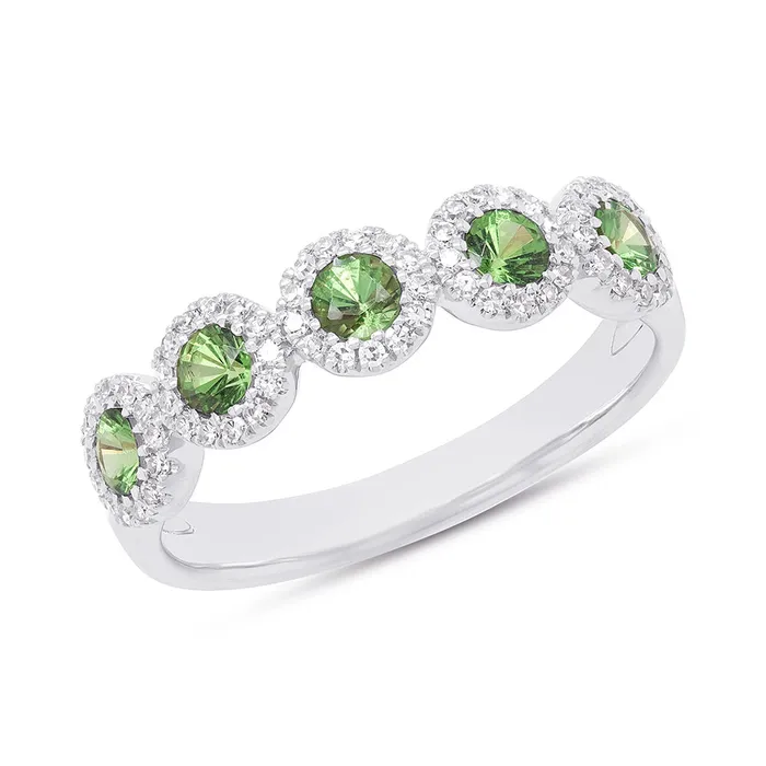 Meierotto Jewelers Rings 14K White Gold 5Halo Band with Diamonds and Green Garnets