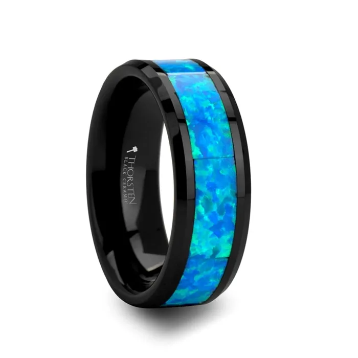 Mens Bands Rings Black Ceramic Band with Blue Green Opal Inlay