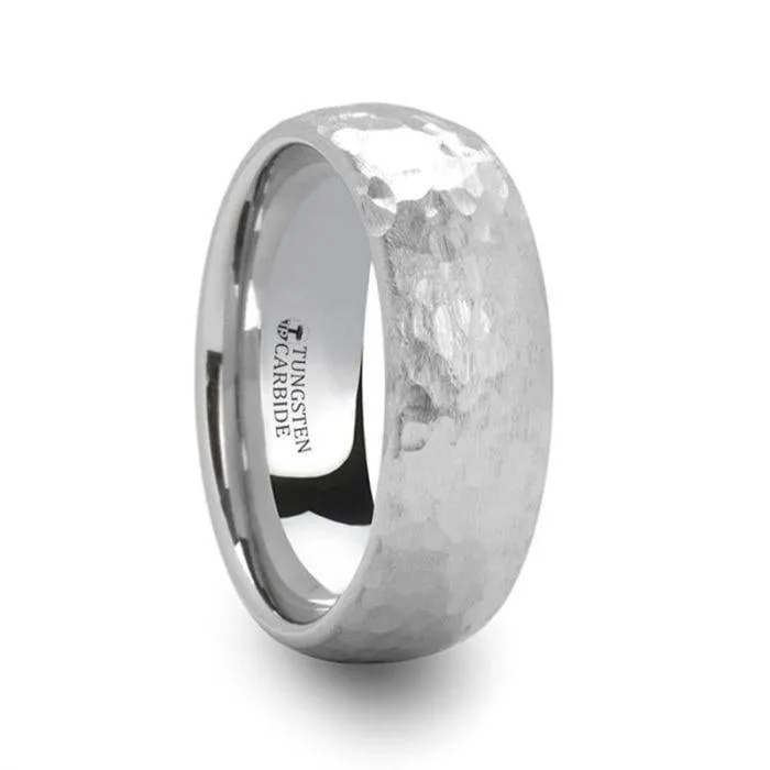 Mens Bands Rings Domed Hammered Finish White Tungsten Ring