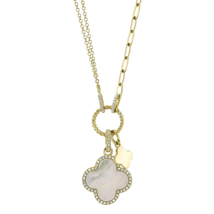Necklaces 14 Yellow Gold Diamond Mother of Pearl Clover Pendant on Chain and Paperclip Chain Meierotto Jewelers Necklaces 14 Yellow Gold Diamond Mother of Pearl Clover Pendant on Chain and Paperclip Chain Meierotto Jewelers