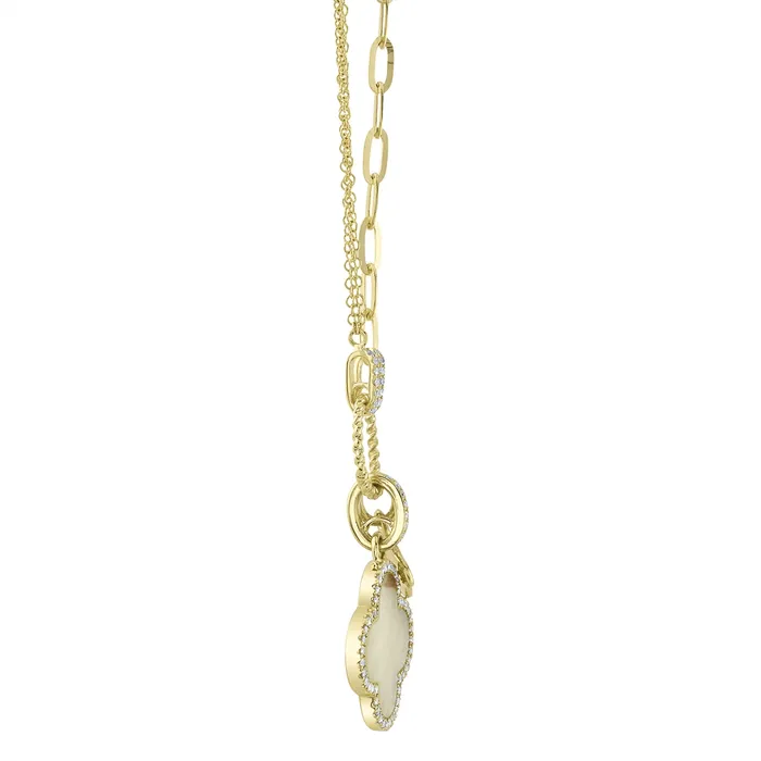 Necklaces 14 Yellow Gold Diamond Mother of Pearl Clover Pendant on Chain and Paperclip Chain Meierotto Jewelers Necklaces 14 Yellow Gold Diamond Mother of Pearl Clover Pendant on Chain and Paperclip Chain Meierotto Jewelers