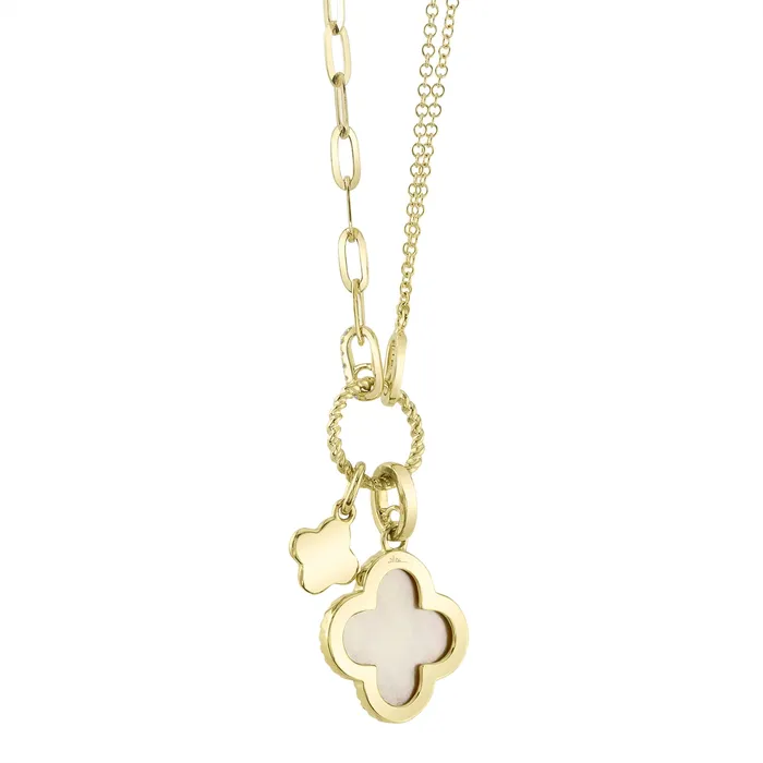 Necklaces 14 Yellow Gold Diamond Mother of Pearl Clover Pendant on Chain and Paperclip Chain Meierotto Jewelers Necklaces 14 Yellow Gold Diamond Mother of Pearl Clover Pendant on Chain and Paperclip Chain Meierotto Jewelers