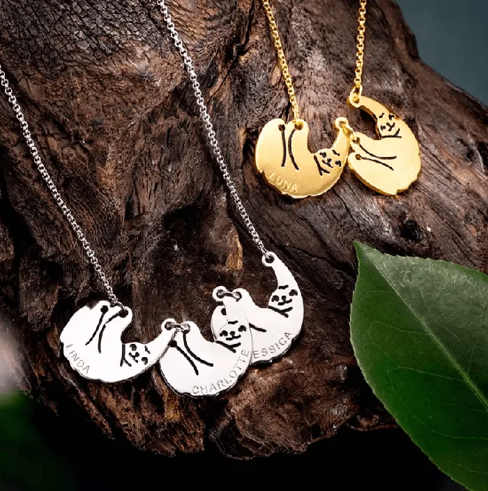 Necklaces Belbren Custom Engraved Sloth Family Necklace Personalized Mother Baby Pendant Silver Sloth Jewelry Mothers Day Animal Lover Gift