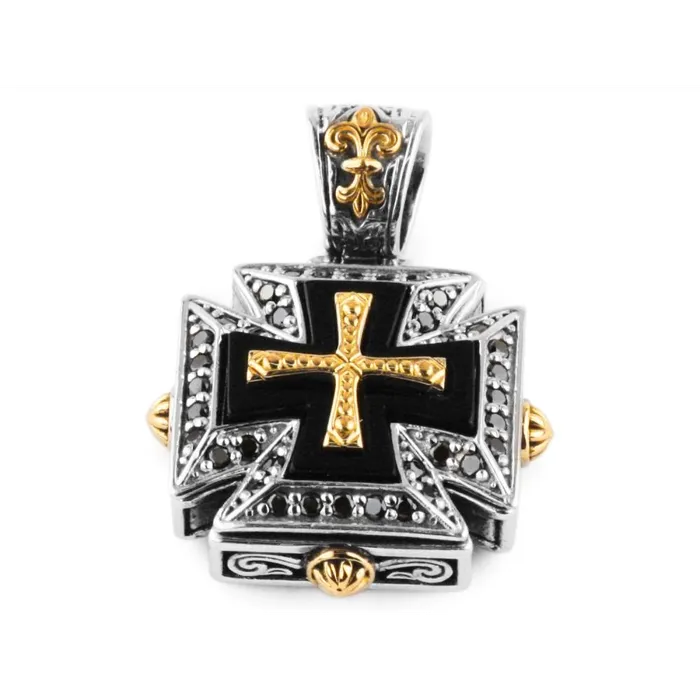 Necklaces Konstantino Konstantino Mens Ares Silver and 18K Gold Flared Maltese Cross with Black Onyx and Black Diamonds Necklaces Konstantino Konstantino Mens Ares Silver and 18K Gold Flared Maltese Cross with Black Onyx and Black Diamonds