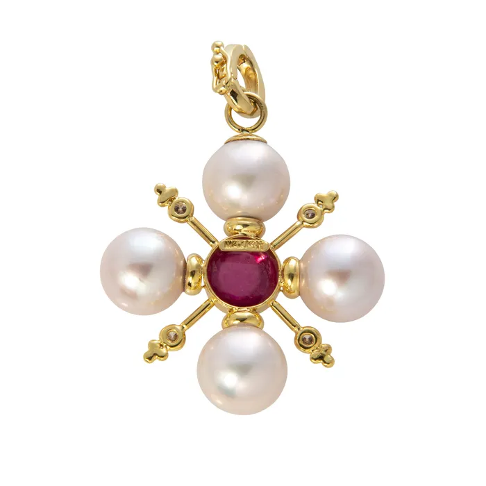 Necklaces Mazza Mazza Pink Tourmaline Diamond Pearl 14K Gold Cross Pendant