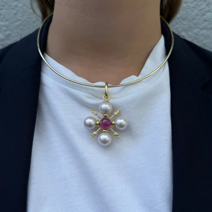 Necklaces Mazza Mazza Pink Tourmaline Diamond Pearl 14K Gold Cross Pendant