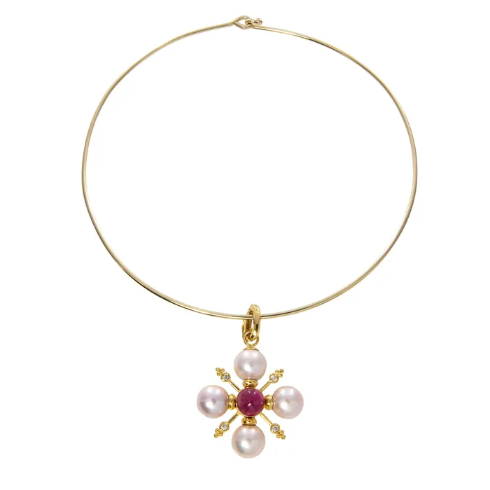 Necklaces Mazza Mazza Pink Tourmaline Diamond Pearl 14K Gold Cross Pendant