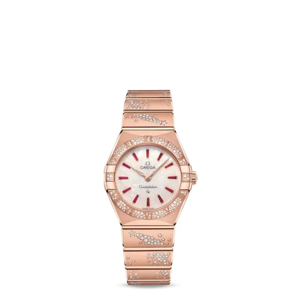 Omega Constellation 28mm Watch Ref 13155286099003 White Australian Opal Ruby Index Dial 18K Rose Gold Pave Diamond Bracelet Omega Bracelets Omega Constellation 28mm Watch Ref 13155286099003 White Australian Opal Ruby Index Dial 18K Rose Gold Pave Diamond Bracelet Omega Bracelets