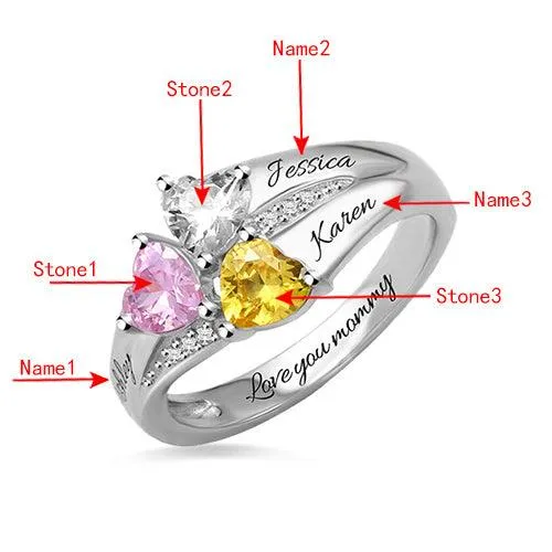 Personalized Mothers Ring Custom Engrave Name and Birthstone Ring Gift for Mom Heart Birthstones Ring Belbren Rings