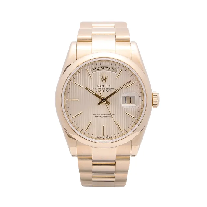 Preowned Rolex PreStyled Sets Rolex DayDate 36 18K Yellow Gold Silver Tapestry Dial President Automatic Preowned Preowned Rolex PreStyled Sets Rolex DayDate 36 18K Yellow Gold Silver Tapestry Dial President Automatic Preowned