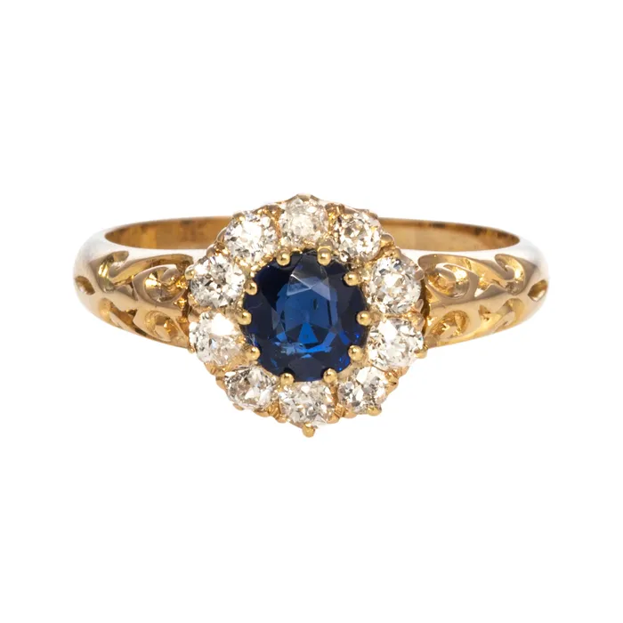 Rings Croghans Victorian Sapphire Diamond Cluster 18K Yellow Gold Ring