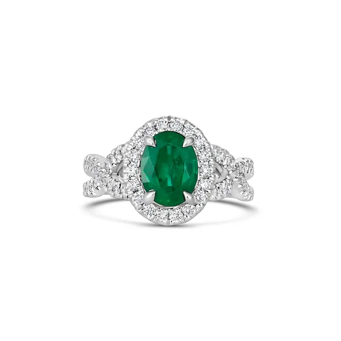 Rings Meierotto Jewelers 14K White Gold Oval Emerald Ring with Diamond Halo and Infinity Design Shank