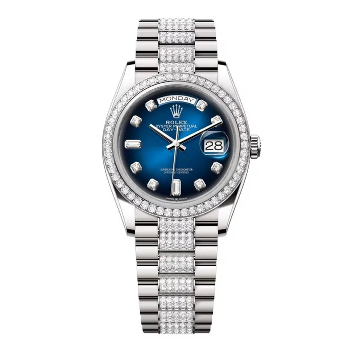 Rolex Bracelets Rolex Day Date 36mm Ref 128349rbr0016 Blue Ombre Diamond Dial Diamond Bezel 18K White Gold Diamonds President Bracelet Watch Rolex Bracelets Rolex Day Date 36mm Ref 128349rbr0016 Blue Ombre Diamond Dial Diamond Bezel 18K White Gold Diamonds President Bracelet Watch
