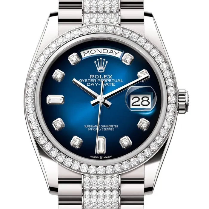 Rolex Bracelets Rolex Day Date 36mm Ref 128349rbr0016 Blue Ombre Diamond Dial Diamond Bezel 18K White Gold Diamonds President Bracelet Watch