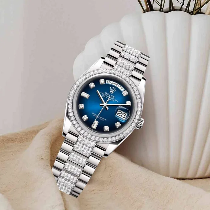 Rolex Bracelets Rolex Day Date 36mm Ref 128349rbr0016 Blue Ombre Diamond Dial Diamond Bezel 18K White Gold Diamonds President Bracelet Watch