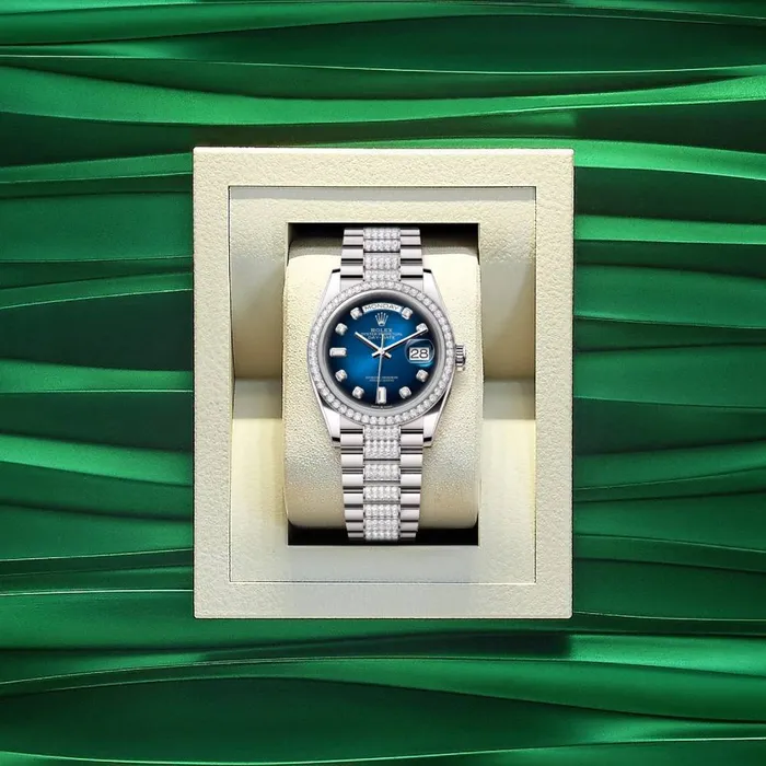 Rolex Bracelets Rolex Day Date 36mm Ref 128349rbr0016 Blue Ombre Diamond Dial Diamond Bezel 18K White Gold Diamonds President Bracelet Watch