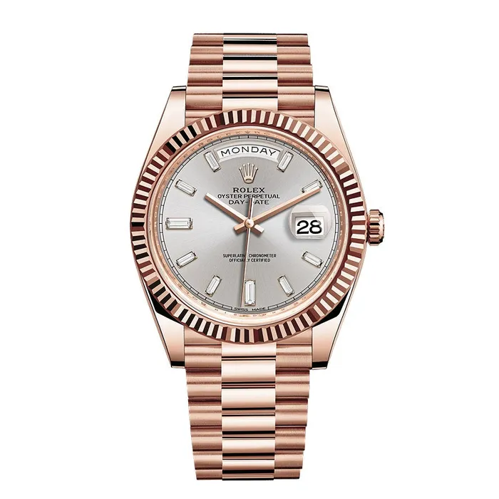 Rolex Bracelets Rolex Day Date 40mm Ref 2282350004 Silver Diamond Dial Fluted Bezel 18K Rose Gold President Bracelet Mens Watch