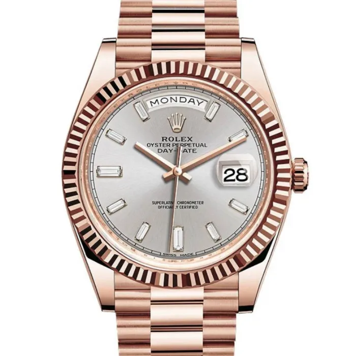 Rolex Bracelets Rolex Day Date 40mm Ref 2282350004 Silver Diamond Dial Fluted Bezel 18K Rose Gold President Bracelet Mens Watch