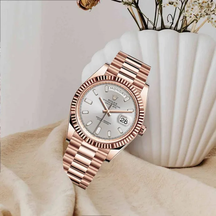 Rolex Bracelets Rolex Day Date 40mm Ref 2282350004 Silver Diamond Dial Fluted Bezel 18K Rose Gold President Bracelet Mens Watch