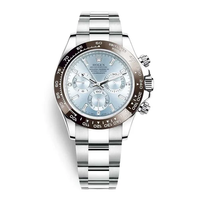 Rolex Cosmograph Daytona 40mm Ref 1165060002 Ice Blue Index Dial Ceramic Bezel Platinum Oyster Bracelet Mens Watch Rolex Bracelets