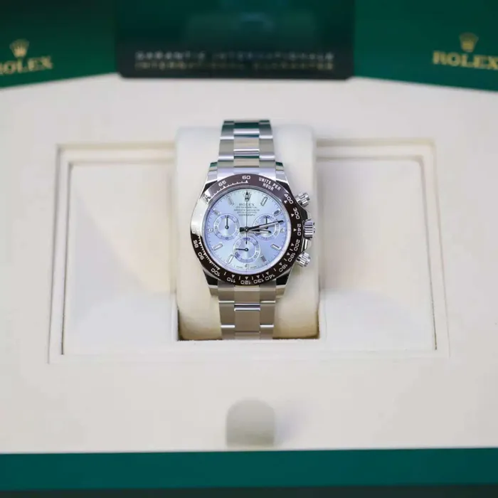 Rolex Cosmograph Daytona 40mm Ref 1165060002 Ice Blue Index Dial Ceramic Bezel Platinum Oyster Bracelet Mens Watch Rolex Bracelets