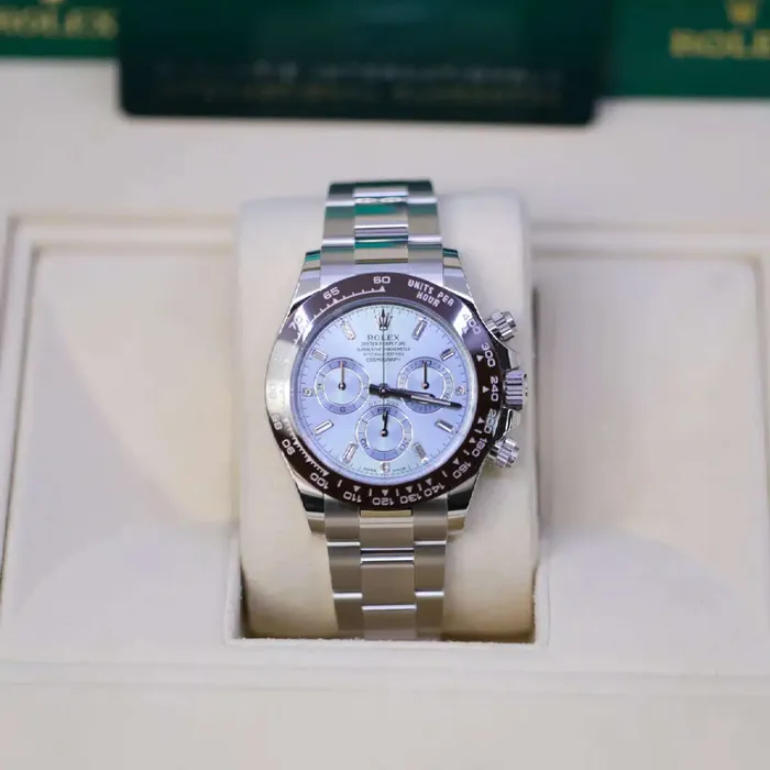 Rolex Cosmograph Daytona 40mm Ref 1165060002 Ice Blue Index Dial Ceramic Bezel Platinum Oyster Bracelet Mens Watch Rolex Bracelets
