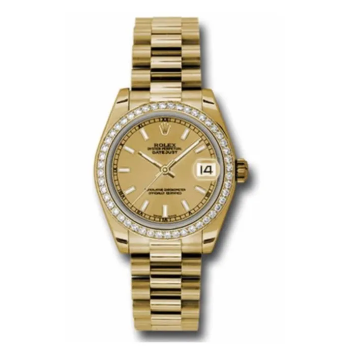 Rolex Datejust 31mm Ref 178288 chcap 2 Champagne Dial Diamond Bezel 18K Yellow Gold President Bracelet Womens Watch Rolex Bracelets