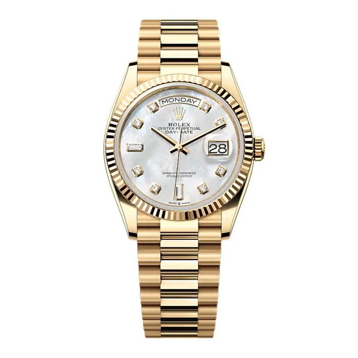 Rolex Day Date 36mm Ref 1282380011 White Mother of Pearl Diamond Dial Fluted Bezel 18K Yellow Gold President Bracelet Watch Rolex Bracelets Rolex Day Date 36mm Ref 1282380011 White Mother of Pearl Diamond Dial Fluted Bezel 18K Yellow Gold President Bracelet Watch Rolex Bracelets