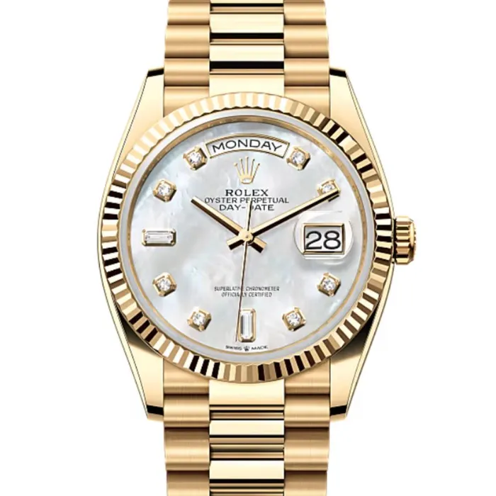 Rolex Day Date 36mm Ref 1282380011 White Mother of Pearl Diamond Dial Fluted Bezel 18K Yellow Gold President Bracelet Watch Rolex Bracelets