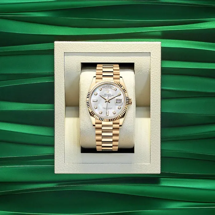 Rolex Day Date 36mm Ref 1282380011 White Mother of Pearl Diamond Dial Fluted Bezel 18K Yellow Gold President Bracelet Watch Rolex Bracelets