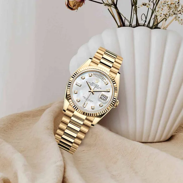 Rolex Day Date 36mm Ref 1282380011 White Mother of Pearl Diamond Dial Fluted Bezel 18K Yellow Gold President Bracelet Watch Rolex Bracelets