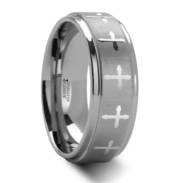 Tungsten 8mm Band with Raised Engraved Crosses Center Mens Bands Rings