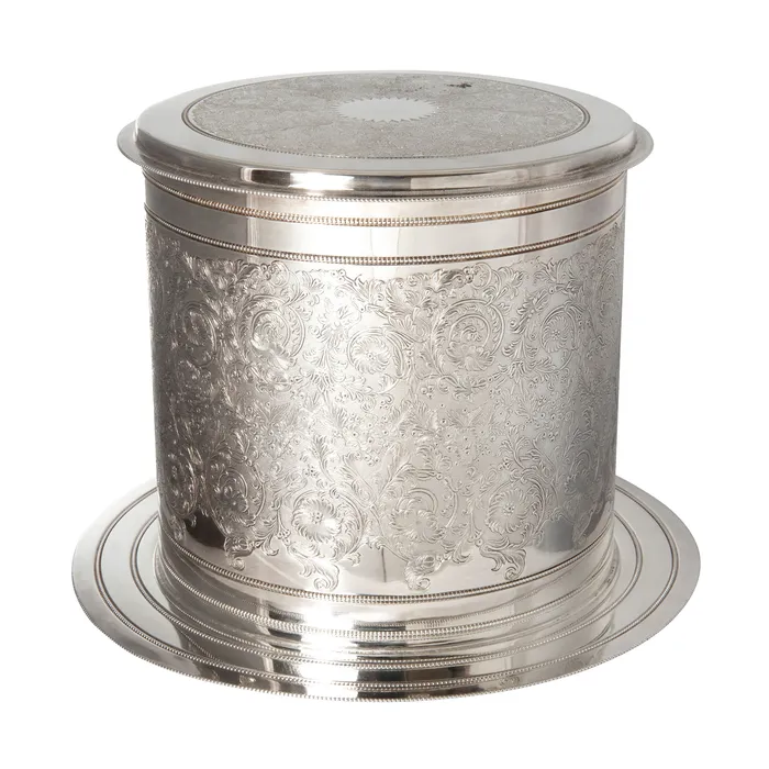 Victorian English SilverPlated Floral Biscuit Barrel Box Croghans Rings