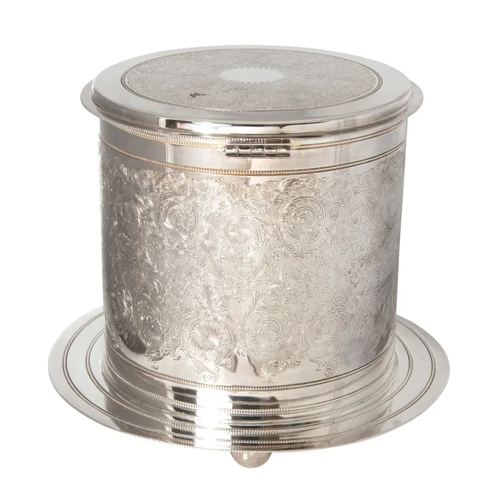 Victorian English SilverPlated Floral Biscuit Barrel Box Croghans Rings